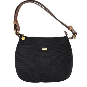 Eric Javits Woven Squishee Shoulder Black Bag with Brown Leather Trim
